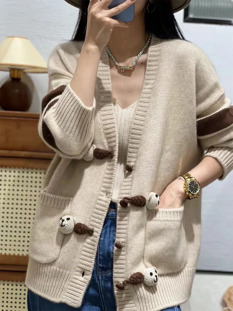 100% Wool Cashmere Women\'s Cardigan Sweater Loose Large Size V-Neck Knit Long Sleeve High End Coat 2024 Autumn/Winter New Patter