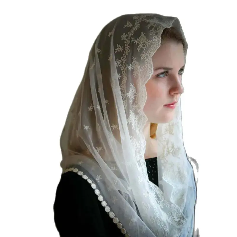 Ivory Lace Mantilla Veil for Church Round Scarf Wrap Muslim Bridal Veil Head Covering Short One Layer