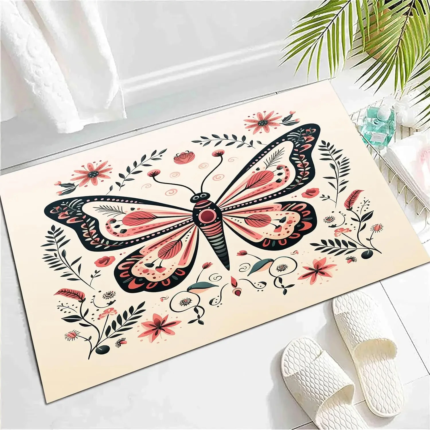 Karpet Boho Motif Kupu-kupu dan Bunga Botani untuk Dekorasi Kamar Tidur, Keset Bergaya Impian, Karpet Lantai Dalam Ruangan Motif Daun Rustic