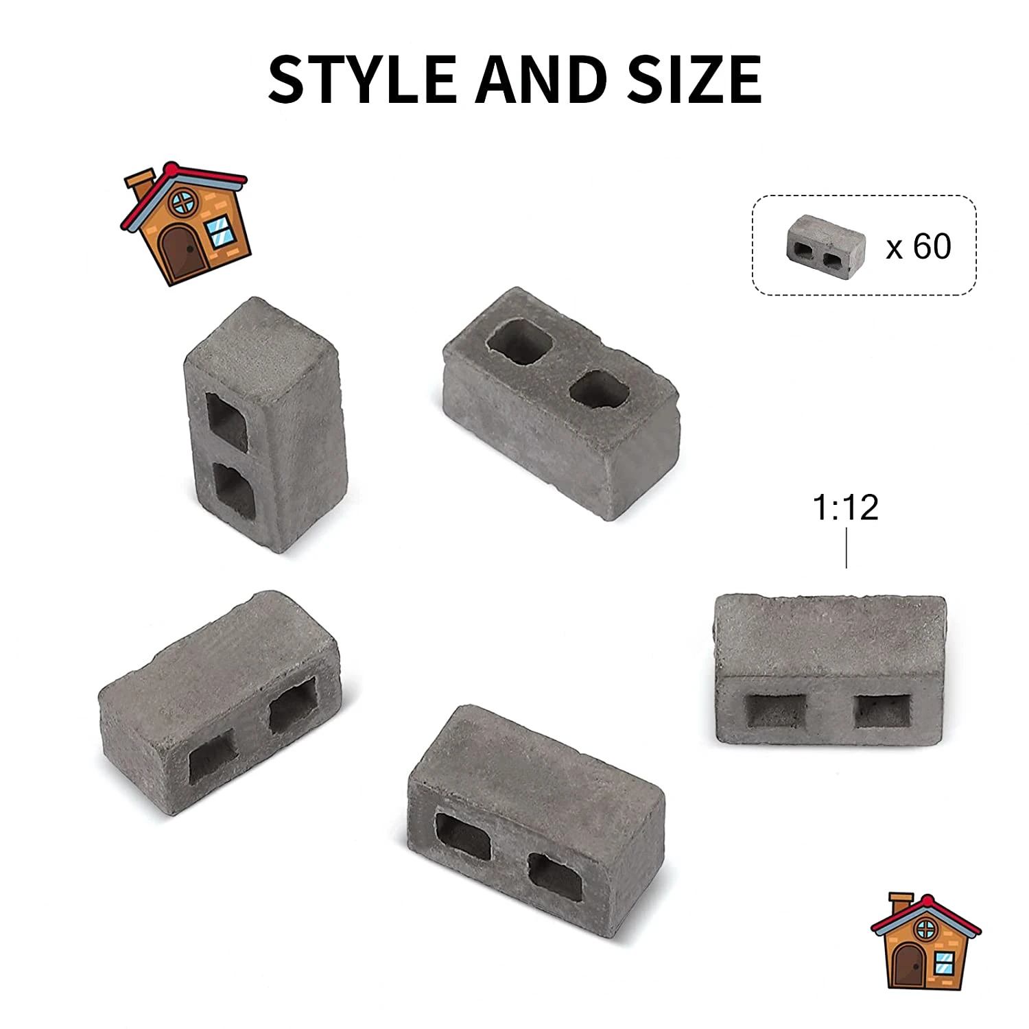 60 Packs Cinder Blocks 1/12 Scale Mini Bricks Concrete Miniature Bricks Tiny Landscaping Dollhouse