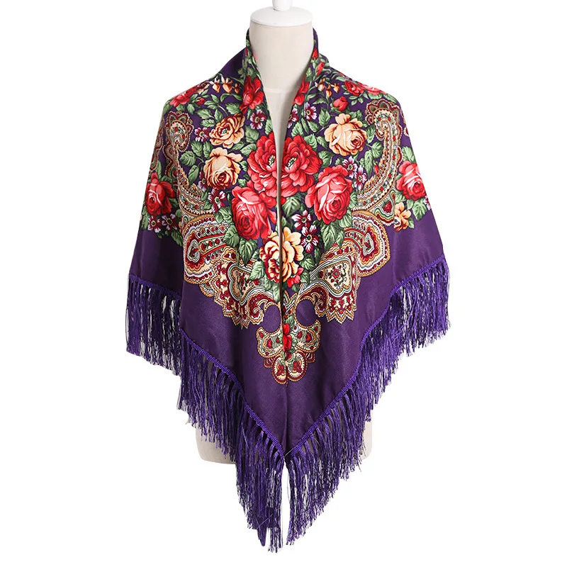 Russian Cloak Large Flower Printed Generous Scarf Women's Shawl Warm Autumn Winter multi-function Scarf  Ponchos Capes Purple