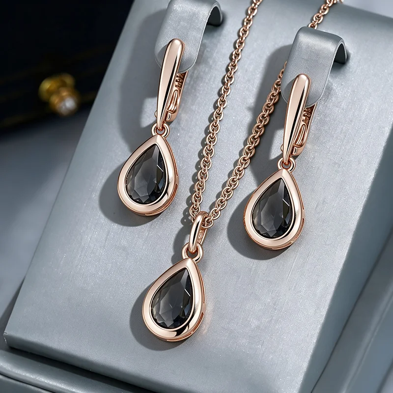 Wbmqda Simple Grey Natural Zircon Long Drop Earring And Necklace For Women 585 Rose Gold Color Fashion Holiday Jewelry Sets