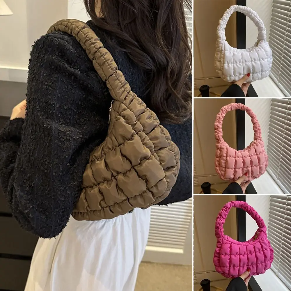 Women Small Quilted Tote Bags Winter Lightweight Down Cotton Padded Plaid Shoulder Bags Fashion Underarm Bags Puffy Handbags