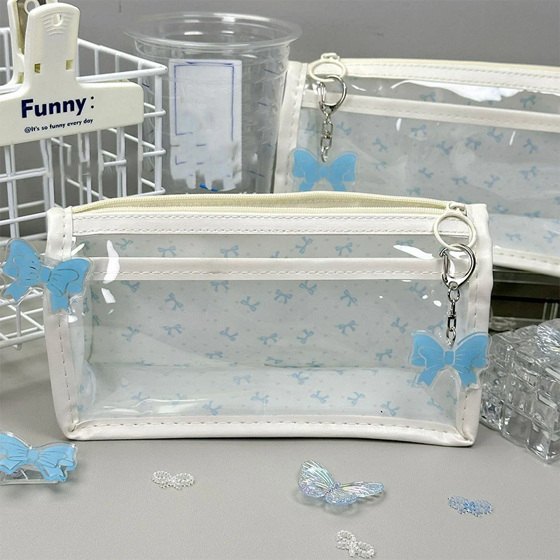 حقيبة أقلام رصاص مطبوعة على شكل فيونكة حلوة مقاومة للماء وشفافة بطبقة مزدوجة ذات سعة كبيرة حقيبة أدوات مكتبية مستلزمات مدرسية هدايا للطلاب