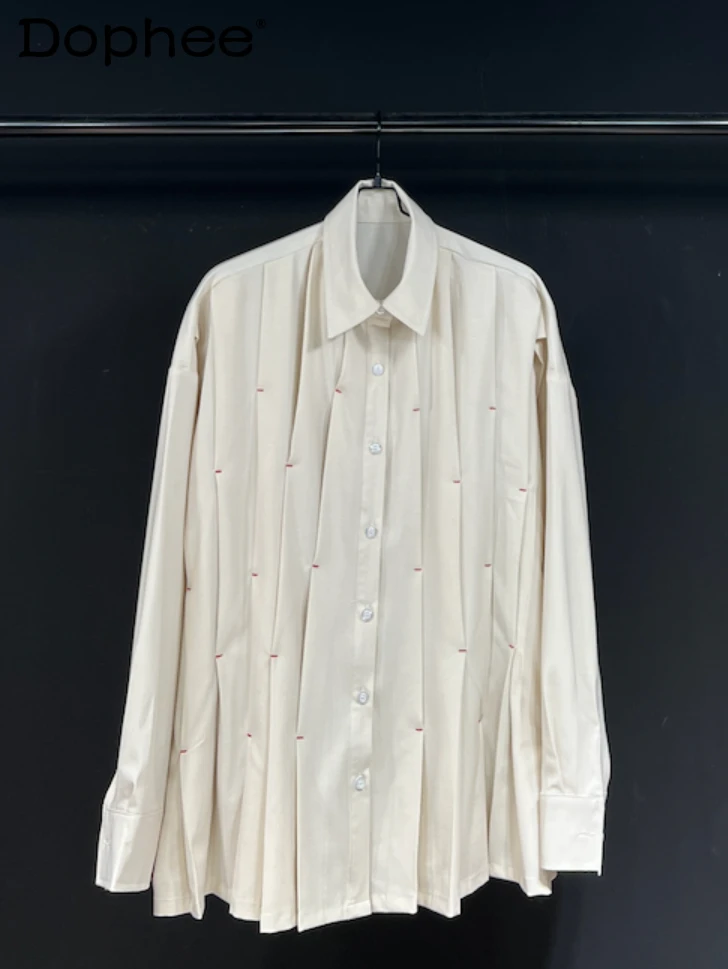 

Original Design 2024 Autumn Solid Color Pleated Design Long Sleeve Shirt Coat Trendy Male Solid Color Irregular Undershirt Shirt