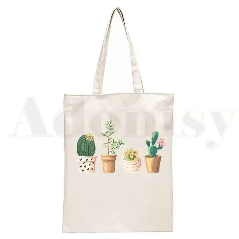 Cactus Printed Streetwear Kawaii Fashion Cartoon Canvas Tote Bags for Ladies Handbags Kawaii Cute Bolsa Portable Shopping