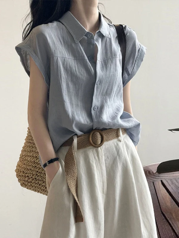 

Синяя льняная рубашка с коротким рукавом для женщин, летняя, для повседневной носки, модная, с рукавами-крылышками, без рукавов, из хлопка и льна, женский топ с воротником