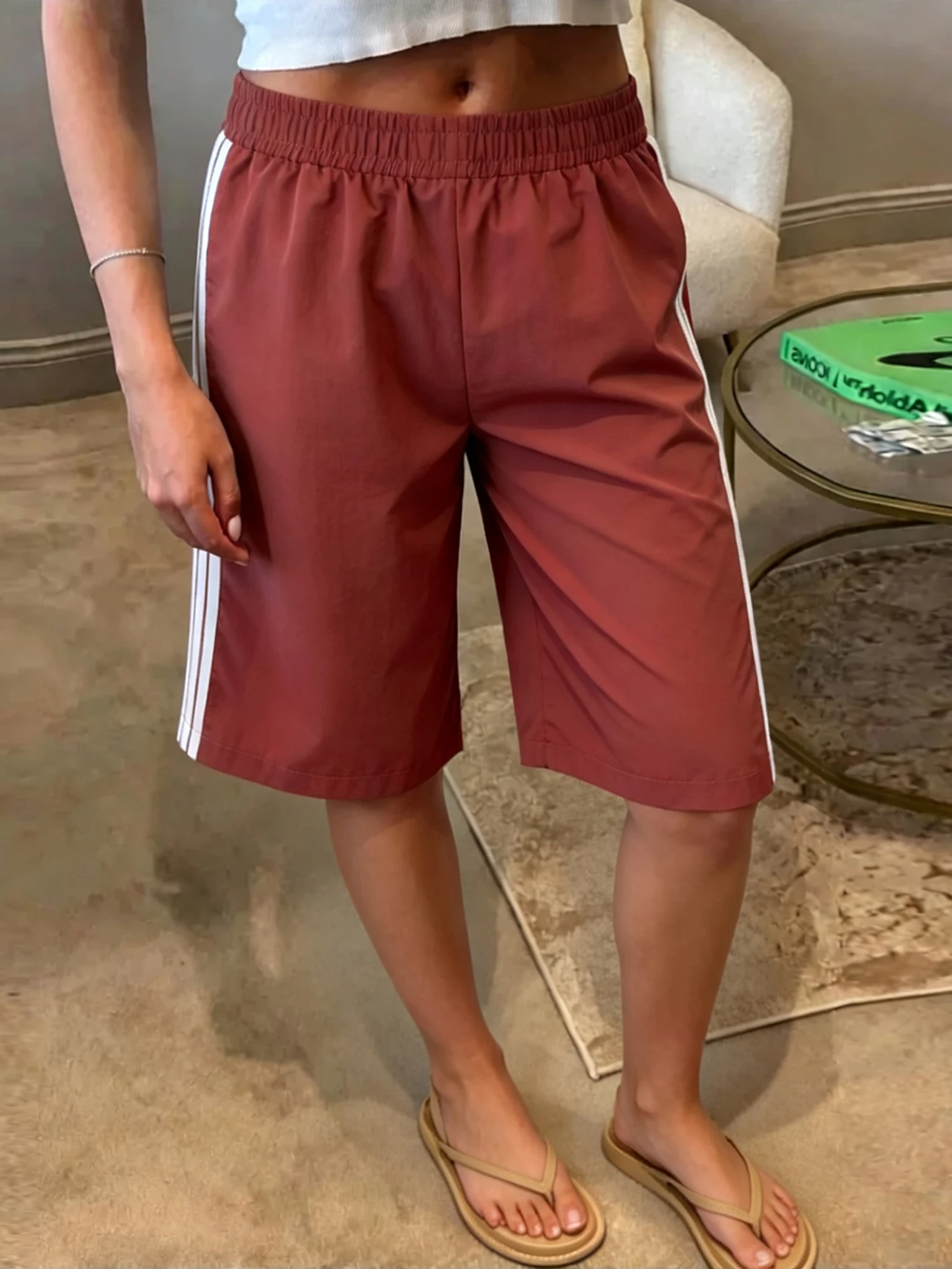 Low-Waist-Cropped Low Capri Pants Side Wide Leg Low Waist Capri Pants Wide Leg Capri Pants Side Stripe Compact Low-Waist-Cropped