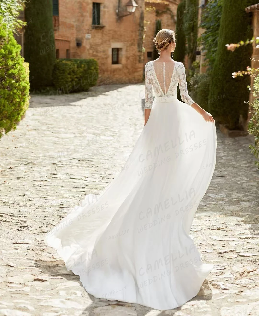 Abiti da sposa in Chiffon di lusso una linea Appliques Sexy scollo A V mezza manica Sweep Train abiti da sposa da donna formale Vestido De Novia