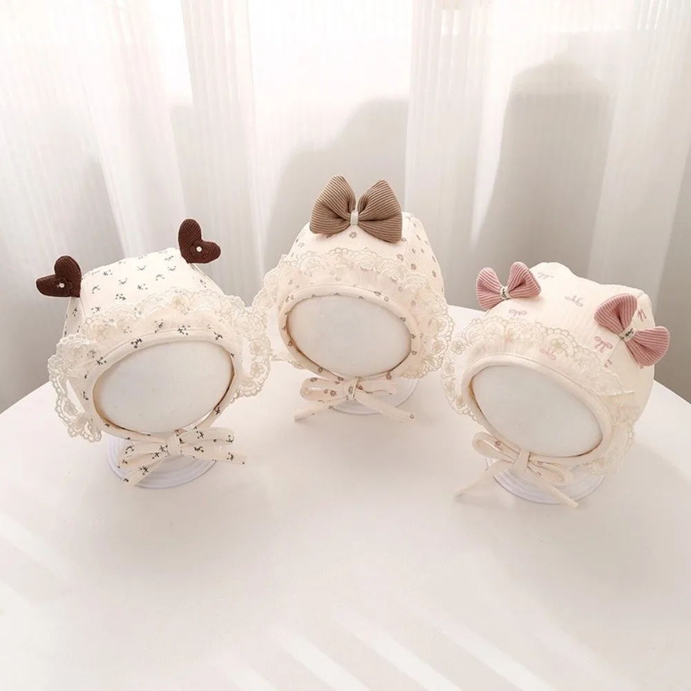 

New Cute Lace Bow Newborn Ear Protection Cap Sweet Flower Print Princess Hat Soft Cotton Infant Earflap Beanie Infant