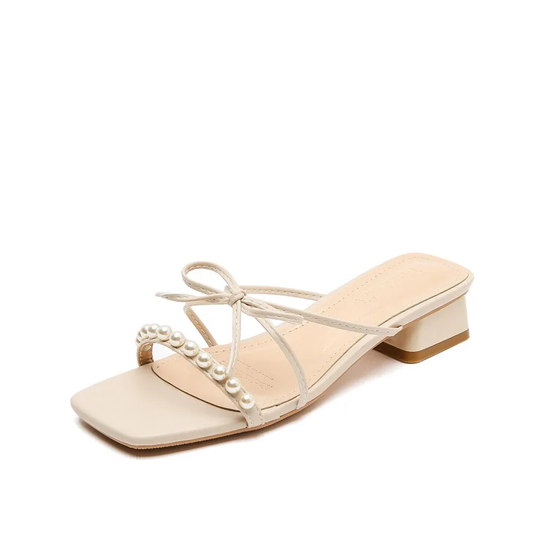 Zapatos planos informales para mujer, Sandalias de tacón cuadrado bajo, color Beige, bloque suave de lujo para verano, 2