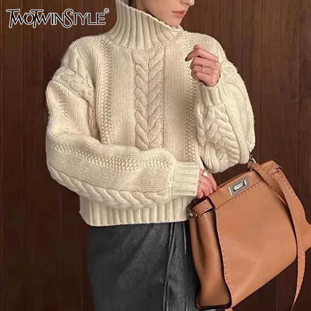 TWOTWINSTYLE Solid Knitting Pullover Sweater For Women Turtleneck Long Sleeve Spliced Buttons Sweaters Female Fashion New Style