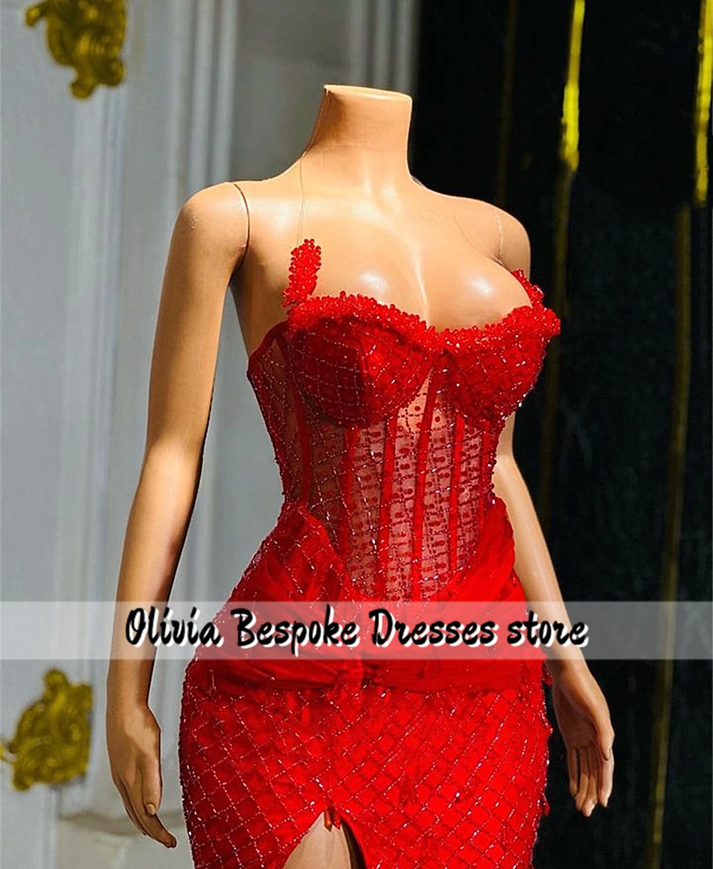 Glamorous Red African Mermaid Prom Dresses Split Aso Ebi Evening Party Gowns Bedings Corset Wedding Reception Dress Customized