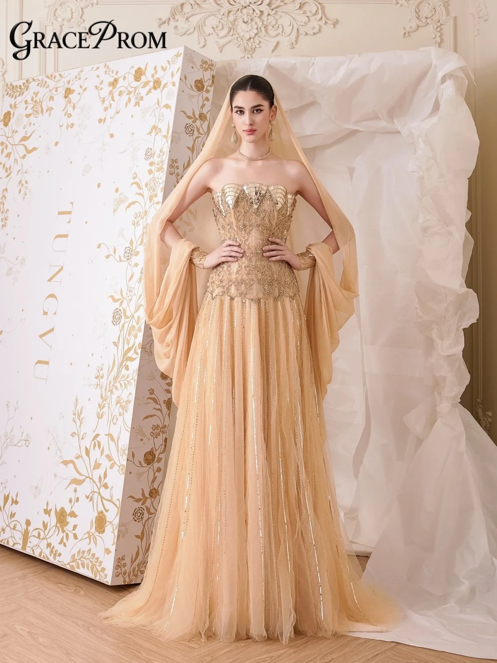 

Opulent Strapless Gold Beaded Tulle A Line Evening Gown Elegant Flowy Veil Sleeve Party Dress For Wedding Guests فساتين سهرة