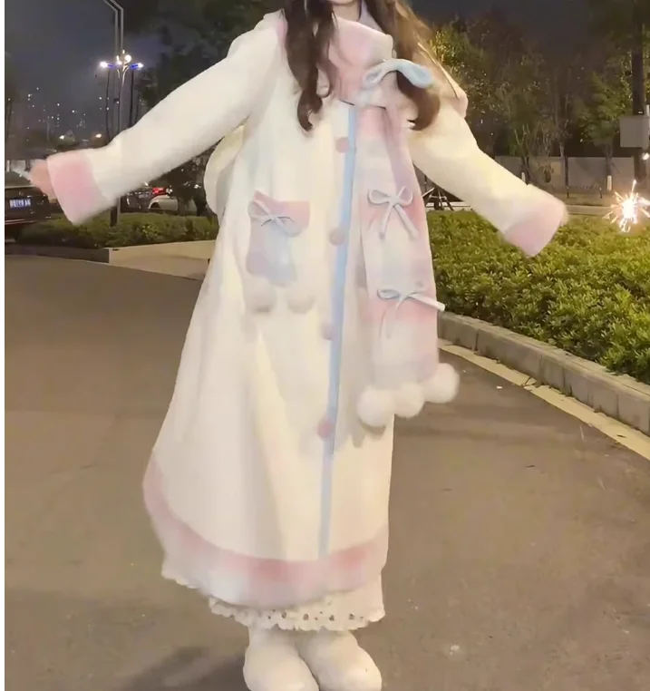 เสื้อโค้ทผู้หญิงน่ารัก สไตล์โลลิต้า อ่อนหวาน ผ้าขนสัตว์ แขนยาว ผูกเชือก แฟชั่นอเนกประสงค์ ทรงหลวม ช่วยลดอายุ ให้ความอบอุ่น เหมาะสำหรับฤดูหนาว