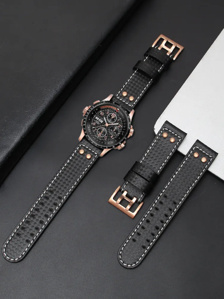 Suitable for Hamilton Khaki Aviation Series H77696793 Carbon Fiber Textured Button Pin Leather Watch Strap 22mm