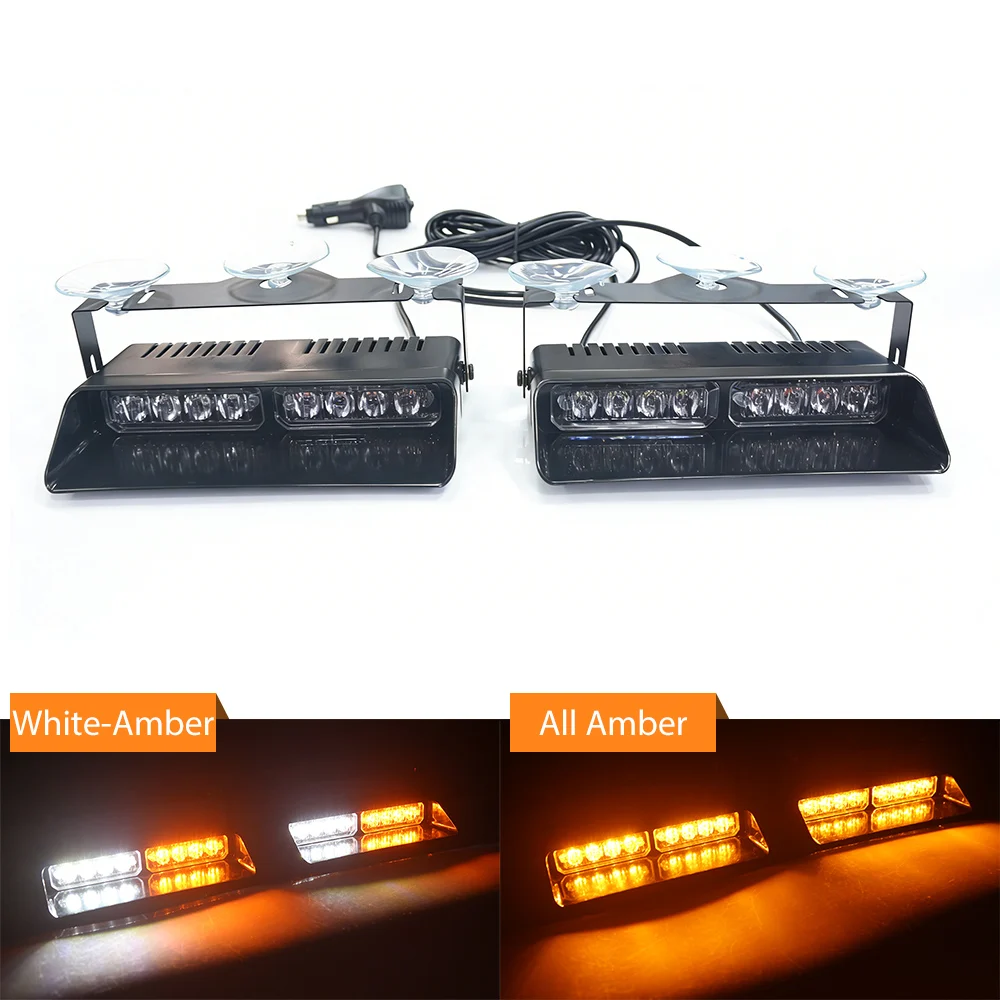 2 in 1 2×7.17 inch 16 LED Dash Strobe Lights Interior Windshield Lights Amber White Warning Hazard Safety Flashing w/Suction Cup