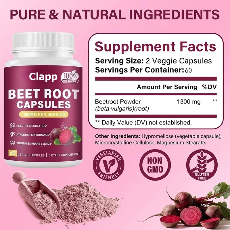 Pure Beetroot Powder, 1300mg - Supports Blood Pressure, Natural Energy, 60 Capsules