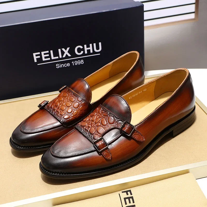 Classic Cow Genuine Leather Men's Loafer Shoes Slip-on Double Buckles Green Black Shoes Wedding Party Formal Shoes for Men