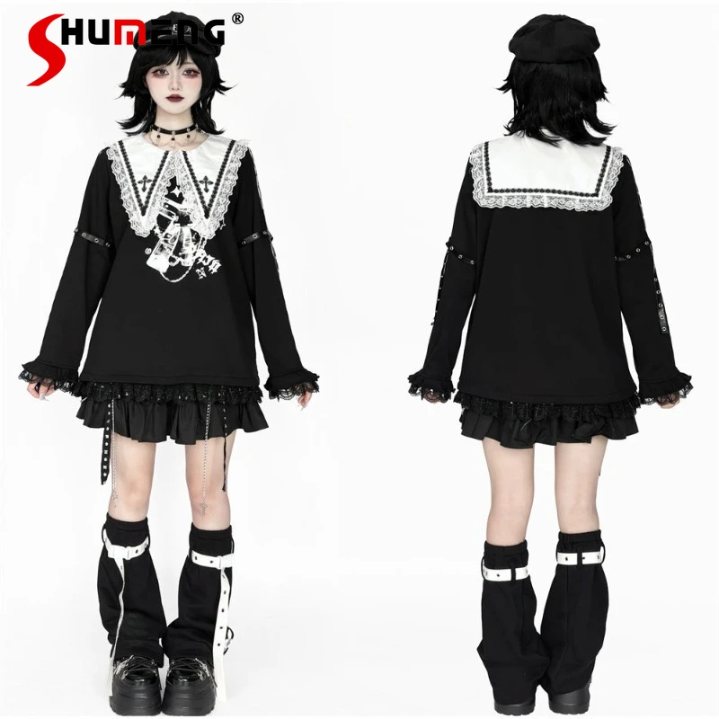 

Original Subculture Dark Style Black And White Sweatshirt Top Japanese Harajuku Punk Pointed Collar Navy Hoodies T-shirts Ladies