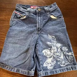 Personalized graffiti print American retro street denim shorts casual loose old washed medium trousers men jeans pants