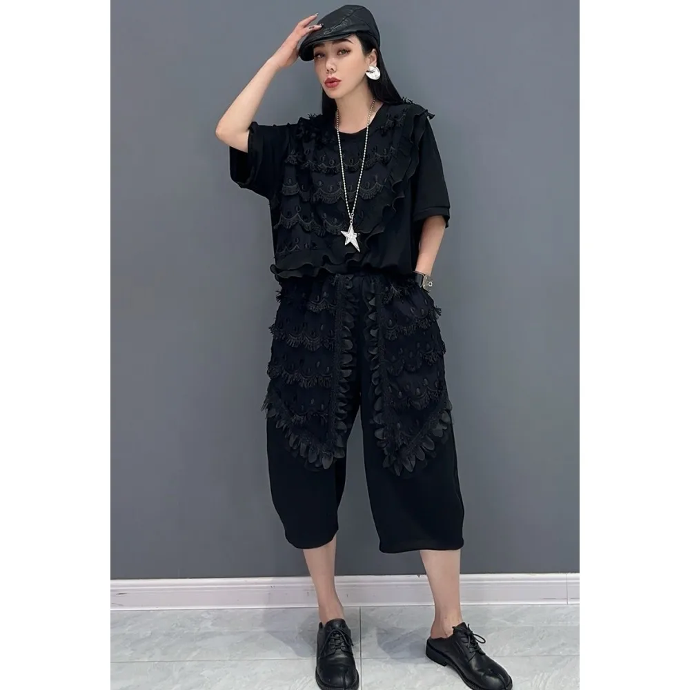 

2024 Summer New Women Pant Set Heavy Industry Lace Ear Middle Sleeve T-shirt + Lantern Pants Two Piece Set Fashion Casual ZF112