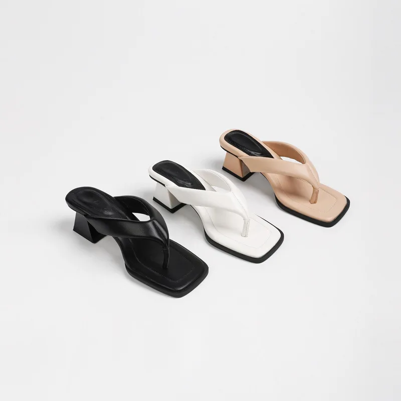 

Flip Flops Slippers Women Square Open-Toe Sandales à Talons Chunky Mid Heels Shallow Slip On Buty Damskie Summer Beach Sandals