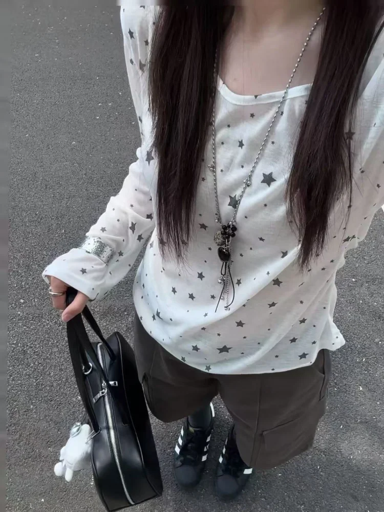 

Корейские шикарные футболки с длинными рукавами и принтом звезд, женские осенние прозрачные облегающие топы Y2k, эстетические модные футболки