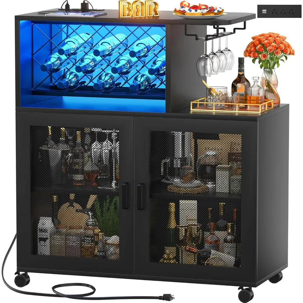 Wine Bar Cabinet with Wheels, Small Liquor Cabinet with LED Light, with Power Outlets, Coffee Bar with Wine Rack,