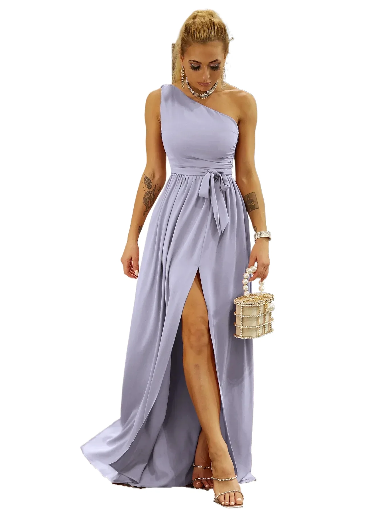 

Solid Color One Shoulder Lace Up High Split Long Formal Evening Prom Dress