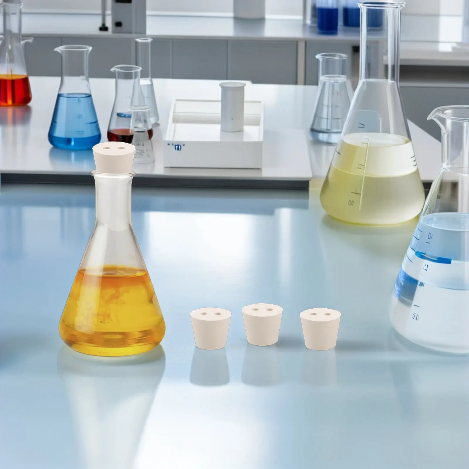 10Pcs Rubber Lab Stoppers Tapered Solid Beige Test Tube Stoppers Two Holes Flask Chemistry Sealing Rubber Bungs Reusable Lab