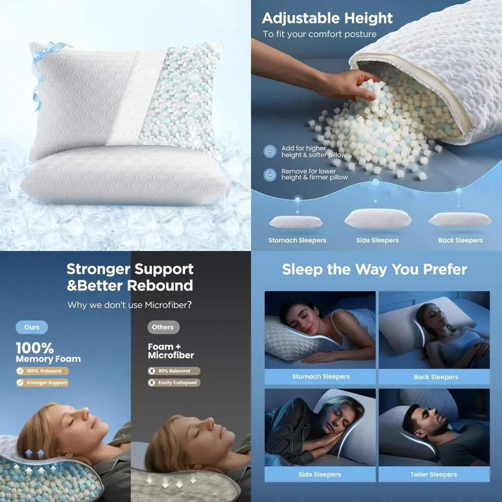 

Sophia & William Cooling Bed Pillows - Queen Size Pair of Adjustable Memory Foam Pillows for Side, Back, and Stomach Sleepers