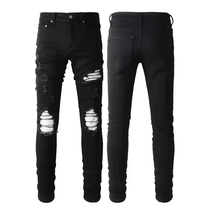 Black Patch Denim Pants Fashion Destroyed Damage Street Ripped Skinny Stretch Men's Jeans