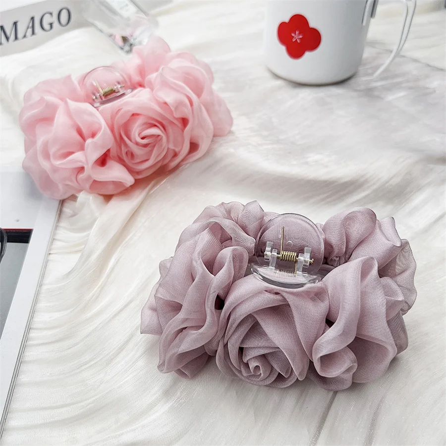 New Korean elegant Bubble Mesh flower Grab Clip Oversized Multilayer Ponytail Shark Clip Fashion Luxury Women Hair Accessories