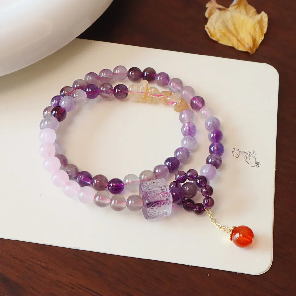 

Natural Amethyst Double Strand Crystal Beaded Bracelet, Nine Purple Fire Mala Collection for Positive Energy and Good Fortune