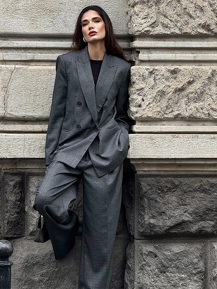 

Double Breasted Lapel Loose Jacket High Waist Straight Pants Woman Set Solid Color New Casual Street Baggy Women's Fashion Suits