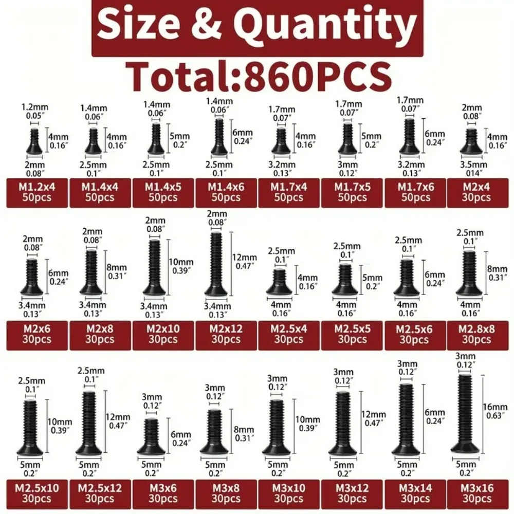250/860pcs Small Precision Computer Screw Kit – Black Micro Eyeglass Screws in M1.2/1.4/1.7/2/2.3 Sizes for Electronics Repairs
