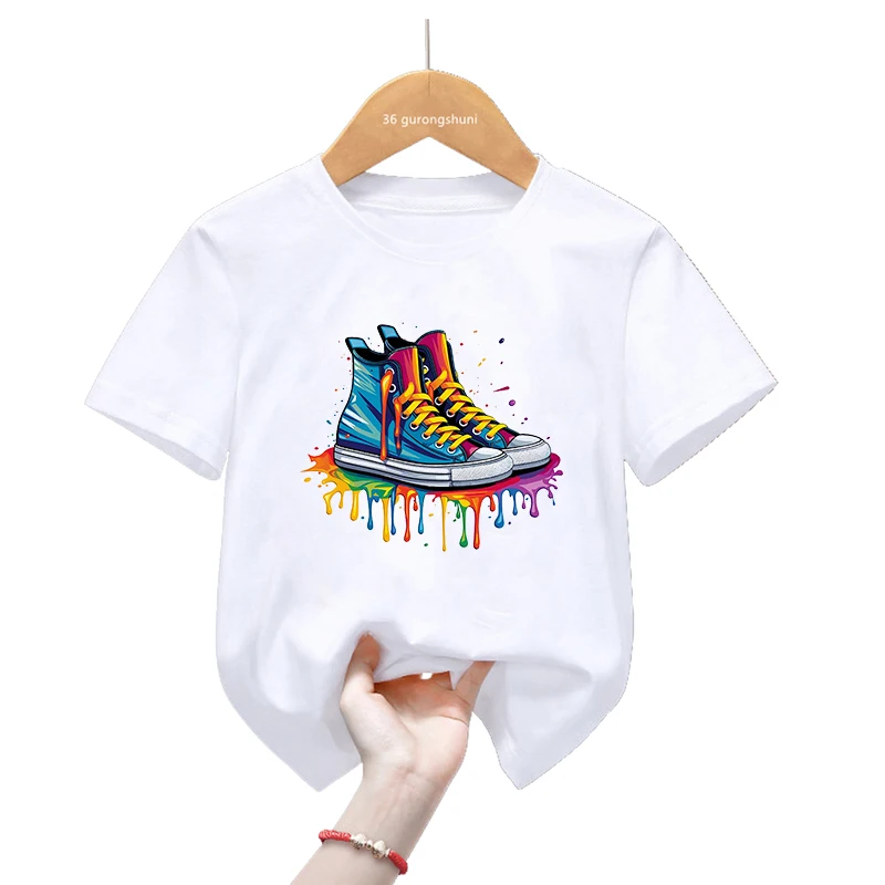 Rainbow Shoes/Love/Bird/Flowers Print T Shirt For Girls/Boys Harajuku Kawaii Kids Clothes Summer Fashion Tops Tee Shirt