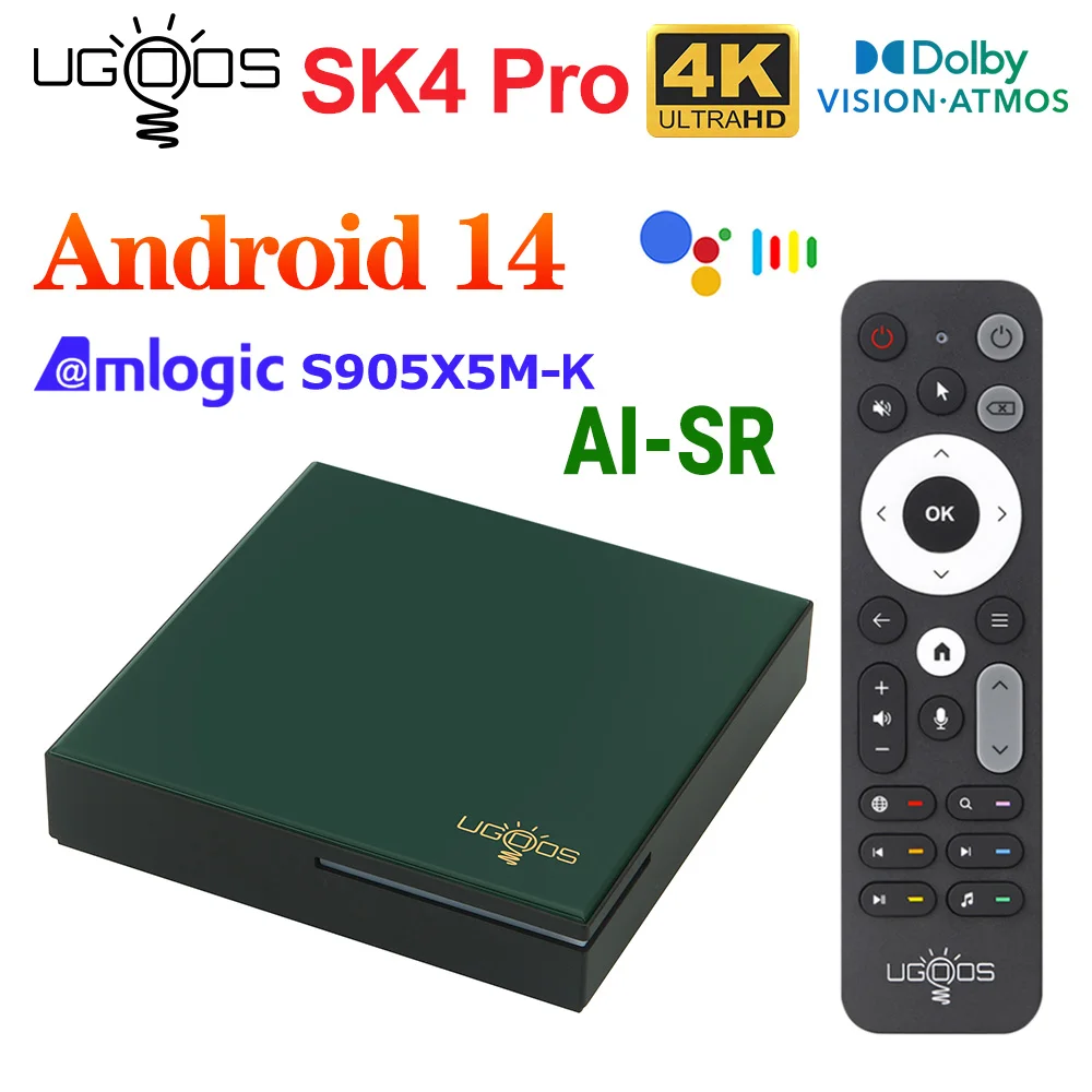 UGOOS SK4 PRO TV BOX Android 14 Amlogic S905X5M-K LPDDR4 4GB 64GB Support AI-SR AV1 2T2R Wifi BT5.4 100M with BT Voice Remote