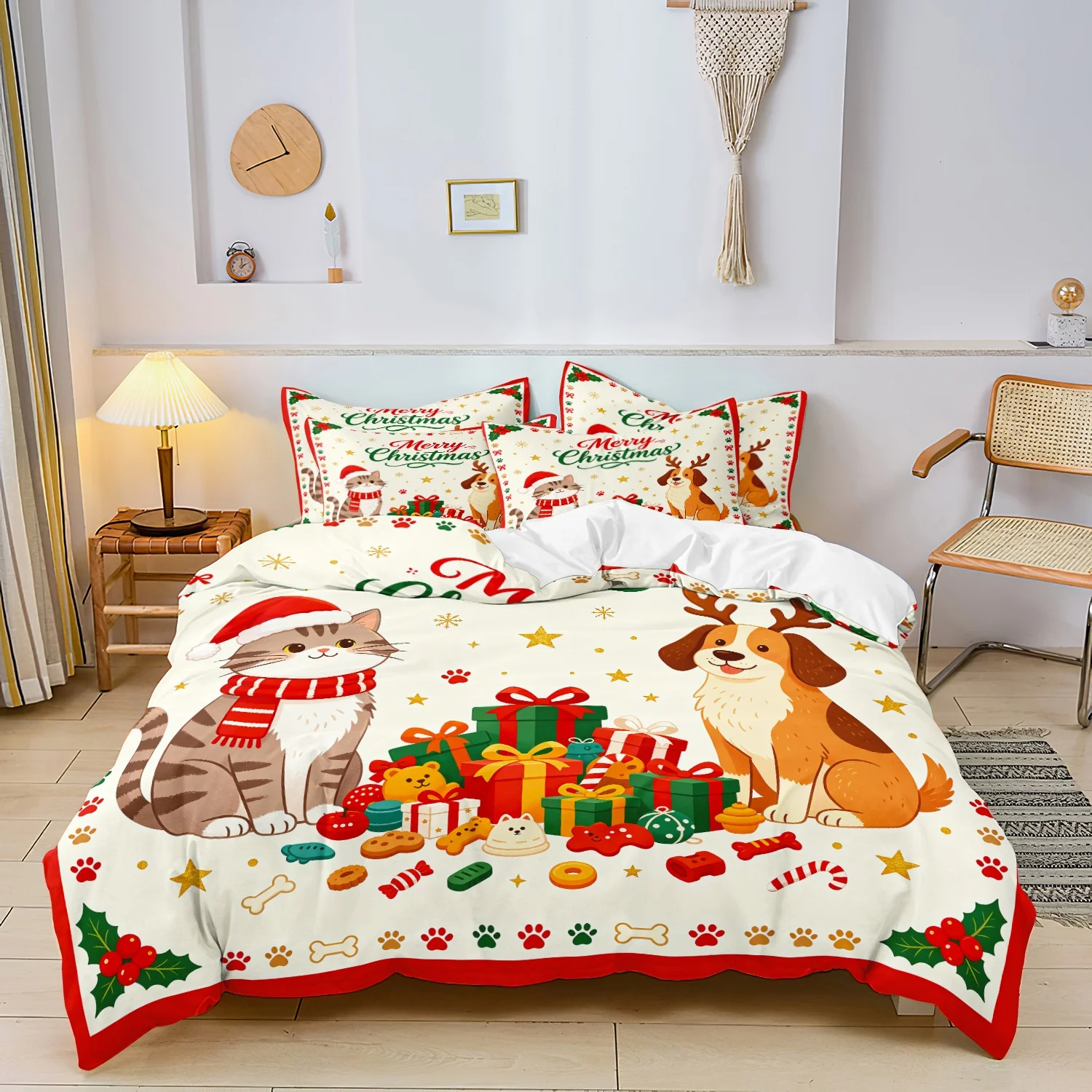 3Pcs Christmas Cat and Dog Duvet Cover Set, Santa Hat Cat & Reindeer Antler Dog Christmas Gifts Paw Prints Holly Leaves Bedding