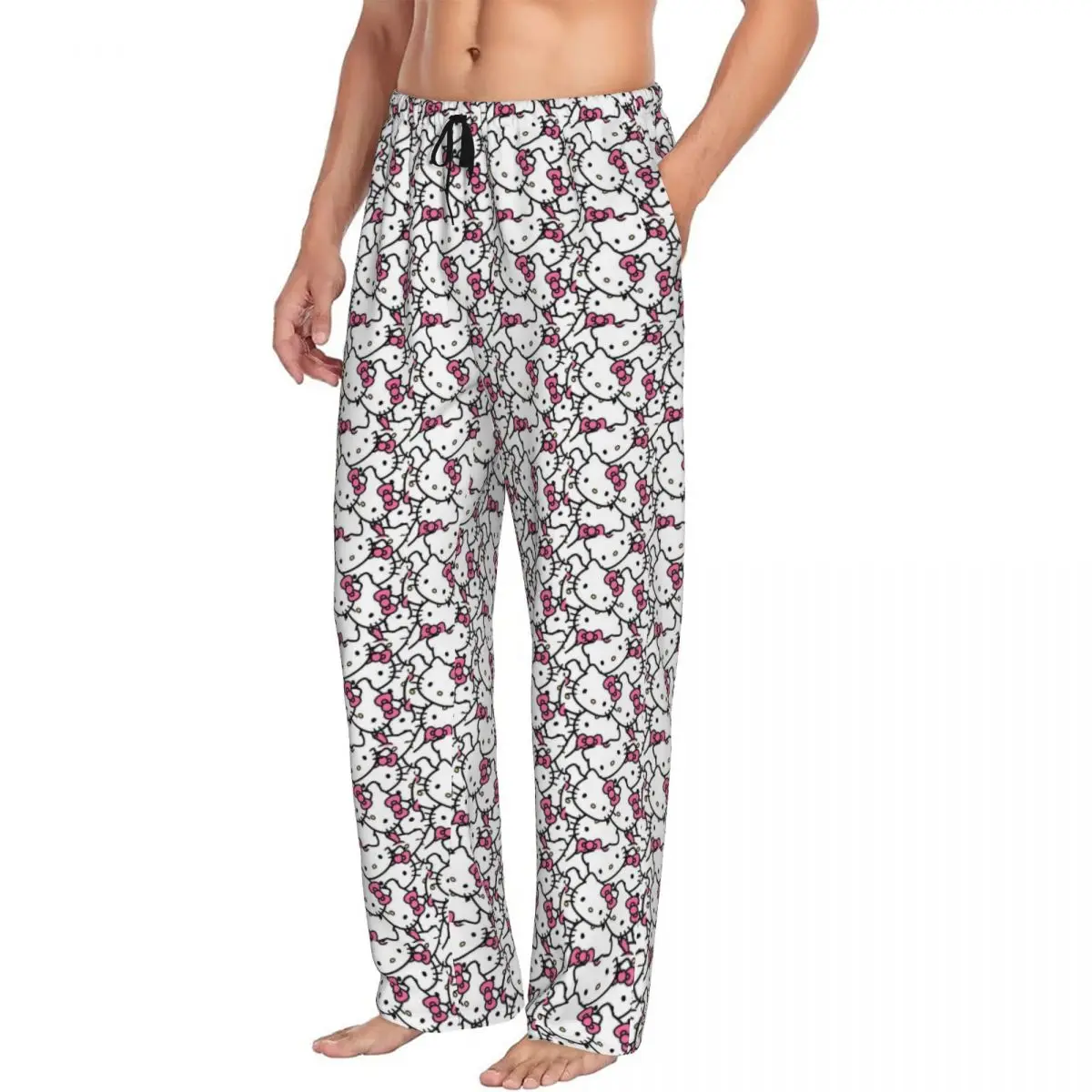 Custom Printed Men Hello Kitty Pajama Pants Cartoon Sleepwear Sleep Lounge Bottoms with Pockets