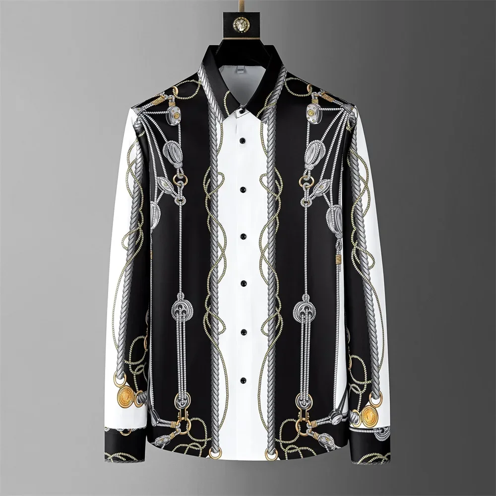 Brand Luxury Printed Shirts Men Casual Business Dress Shirts Autumn Slim Fit Long Sleeve Social Party Tuxedo Blouse Men Clothing