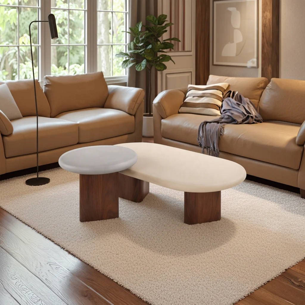 KirKasa Italian Design Modern Living Room Furniture Light Luxury Natural Walnut Paint Base Coffee Table With Concrete Finish