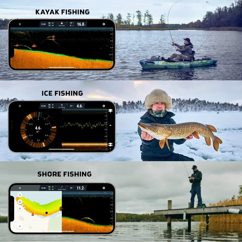 PRO+ Smart Sonar Castable and Portable WiFi Fish Finder with Gps for Kayaks and Boats on Shore Ice Fishing Fish Finder