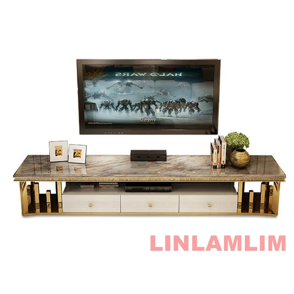 MANBAS Living Room Furniture: Natural Marble Stainless Steel TV Stand, Gold  TV Table Sticking Seashells, Modern Home TV Cabinet