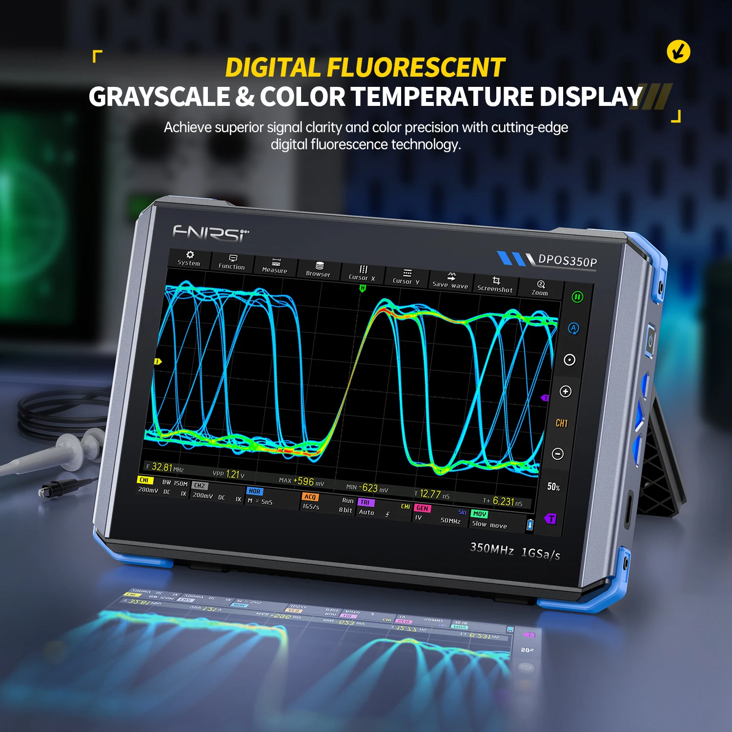 FNIRSI DPOS350P Osciloscópio plano quatro em um Gerador de sinal de 2 canais 350 MHz, analisador de resposta de frequência