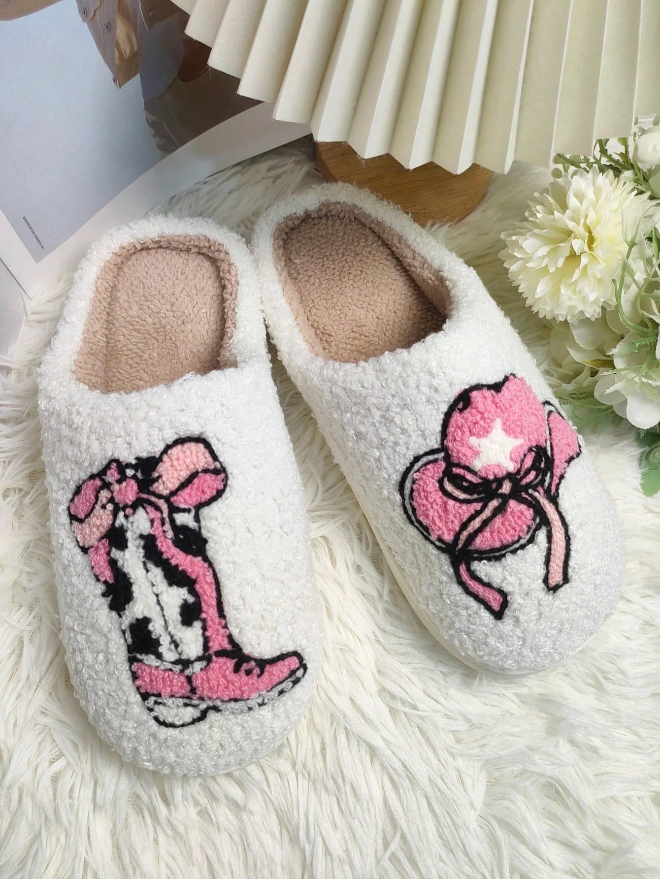 New Winter Pink Cowboy Hat Boot Plush Slippers, Cute Couple Style Warm Anti-Slip Soft Sole Indoor Home Slides