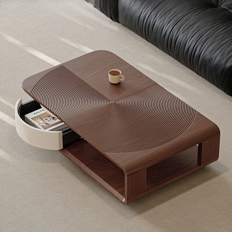 Simple modern rotatable coffee table living room drawer storage designer natural walnut leather high-end tea table