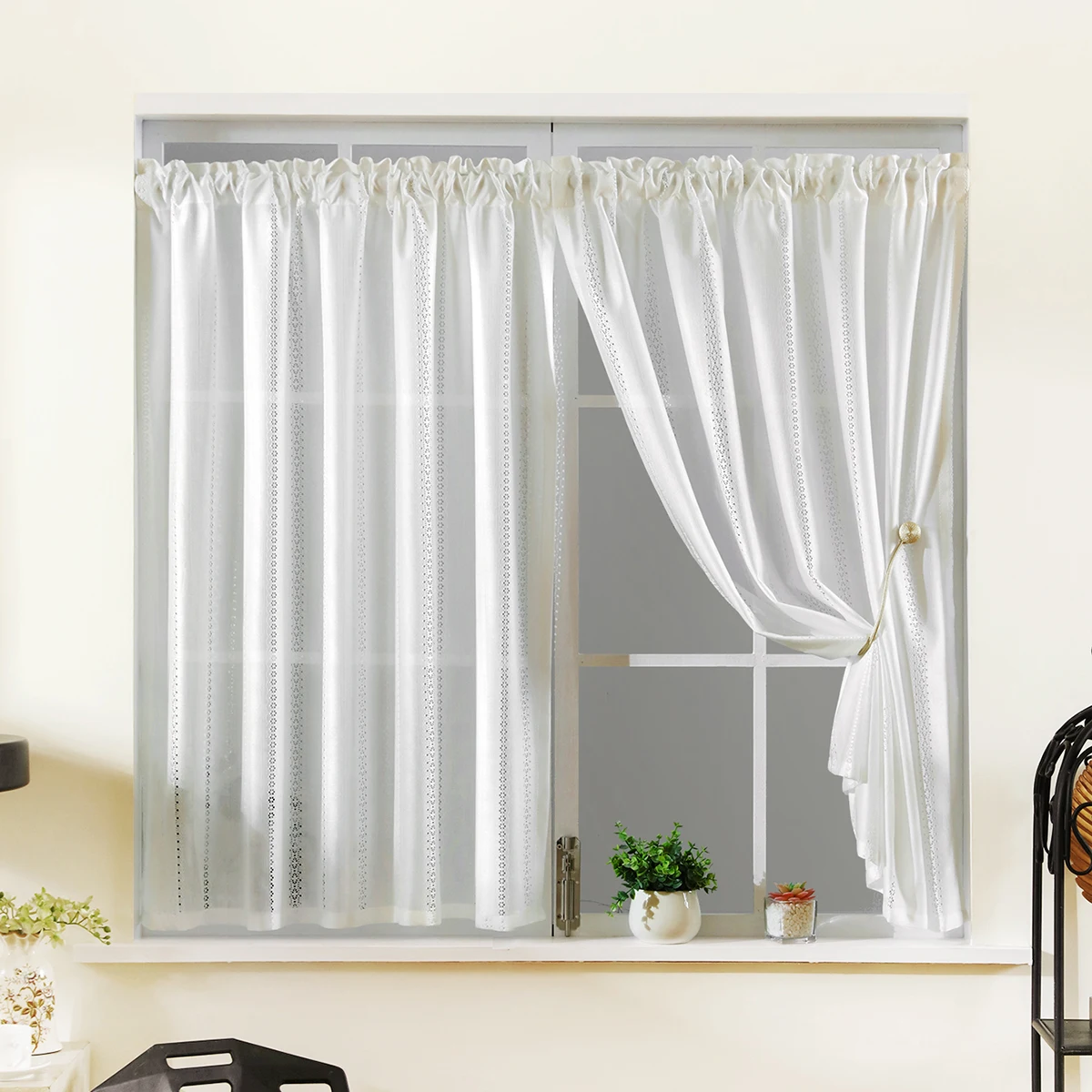 1pc White Polyester Material Valance for Living Room,Rod Pocket,Modern Stripe Short Curtain for Window,Door and Cabinet Decor