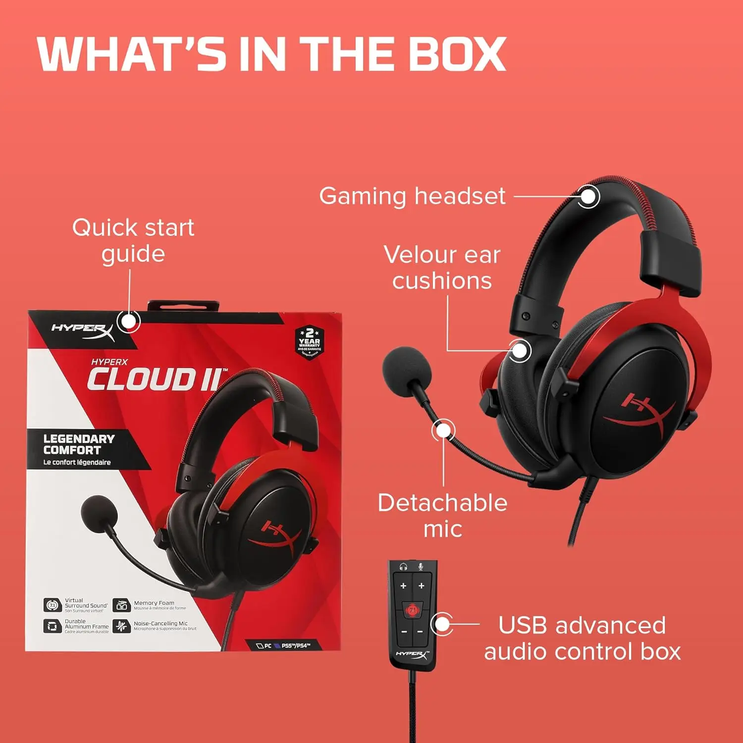 Auriculares con cable para juegos HyperX Cloud 2 II originales con micrófono de sonido envolvente HiFi 7.1 para PC PS4.